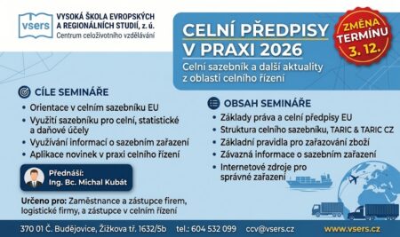 SEMINÁŘ CELNÍ PŘEDPISY V PRAXI 3.12.2026
